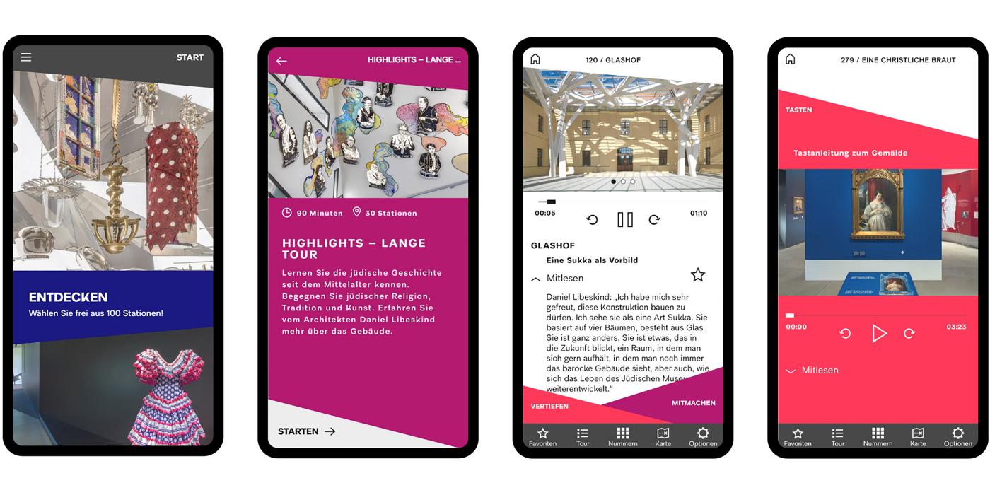 Vier Handybildschirme zeigen Einblicke in die JMB App.